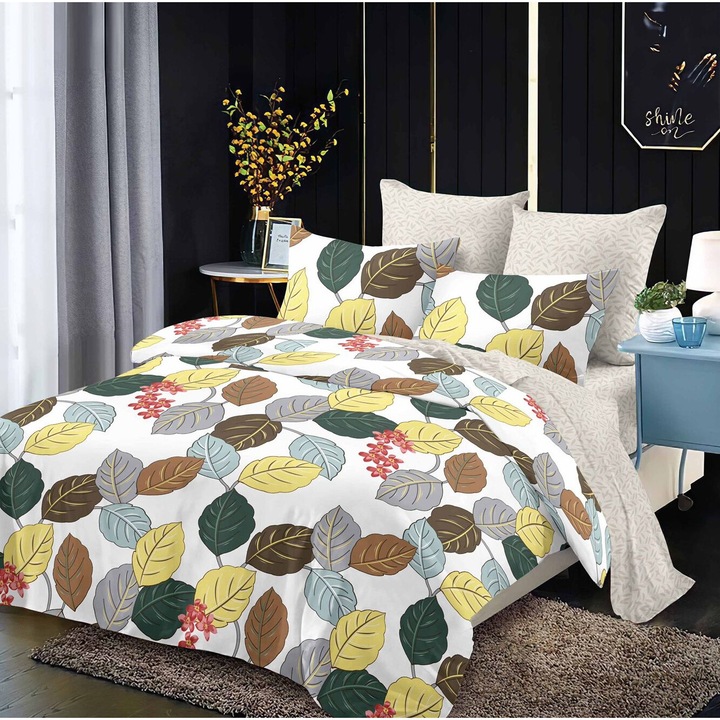 Lenjerie De Pat Finet 6 Piese, Cearceaf pat 230x260cm Cu Elastic, Cearceaf Pilota 220x200 cm, 2 Fete Perna 50x70 cm, 2 Fete Perna 70x70 cm, Model cu Floare Lotus