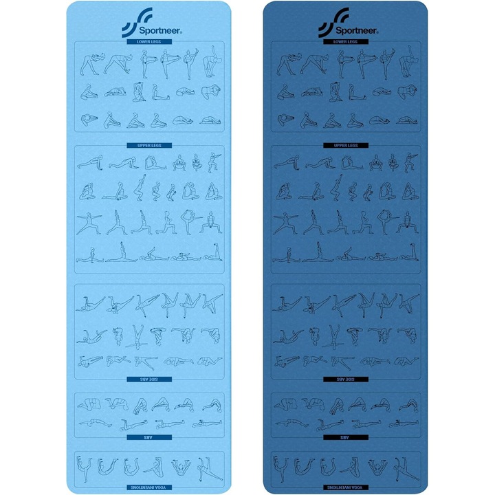 Covoras Yoga Sportneer Cu Ipostaze, Antiderapant, Fata-Verso, 61cm latime x 183 cm lungime x 1 cm grosime, Pentru Femei Si Barbati, Culoare Albastru