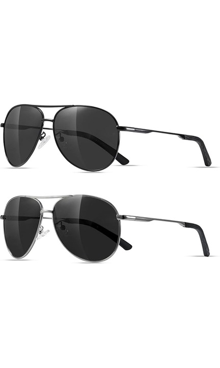 Ochelari de Soare, Kunchu, tip Aviator, Polarizati, Protectie UV400, Set 2 bucati, Unisex, Negru si Argintiu