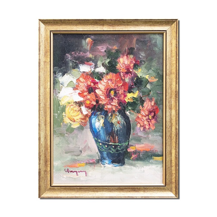 Tablou pictat manual inramat, Vaza cu crizanteme, 45x35cm ulei pe panza in cutit efect 3D, Geo Ungureanu