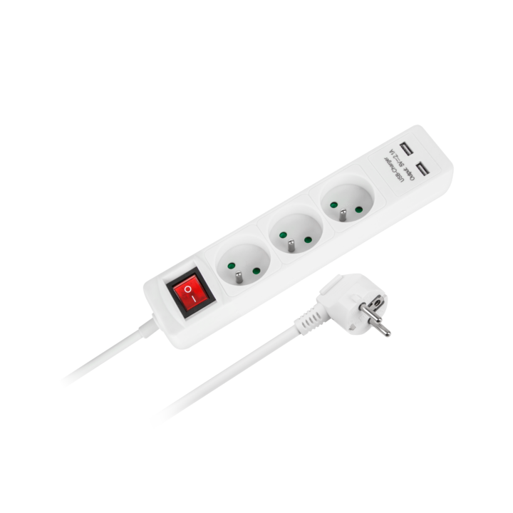 Hosszabbító kábel 3 aljzat + 2 USB, 3m, 230-240V, 16A