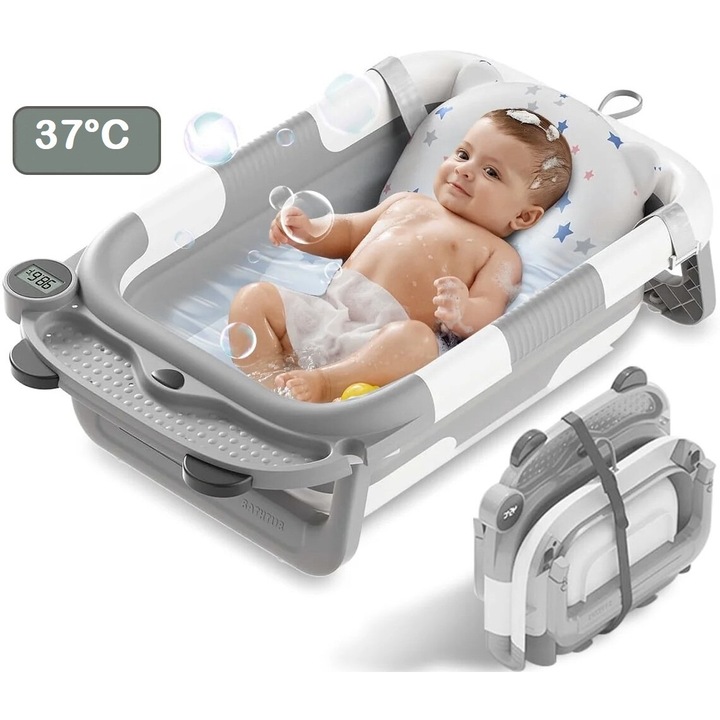 Сгъваема бебешка вана с мека плаваща възглавница BabyMood Bear UniqViBE® Дизайн за поддържане на температурата, вграден термометър/LCD дисплей, тава за съхранение, 3 регулируеми презрамки, опора за душ слушалка, неплъзгаща се, без BPA, 0-36 месеца, сива