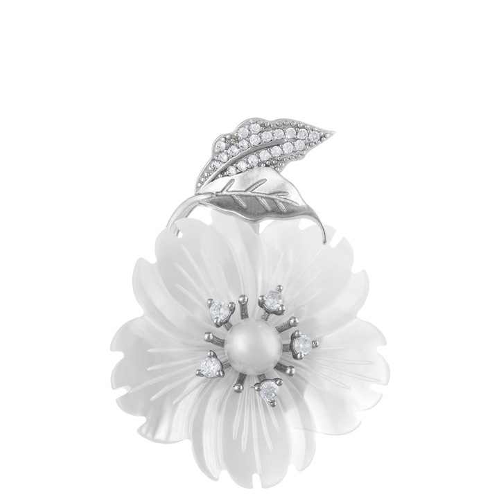 Brosa din argint 925 rodiat, Piatra: sidef, perla de laborator, zirconia fatetata si cubic zirconia, Culoare: alb si transparent, Sonis Silver