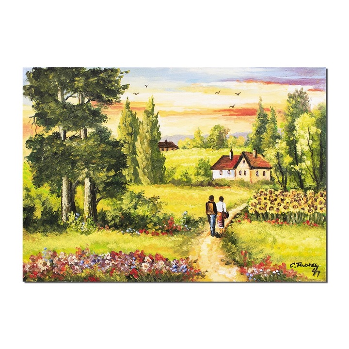 Tablou pictat manual living, hol, dormitor Artnova, Peisaj cu floarea soarelui si case, pictura 70x50cm ulei pe panza, gata de expus pe perete