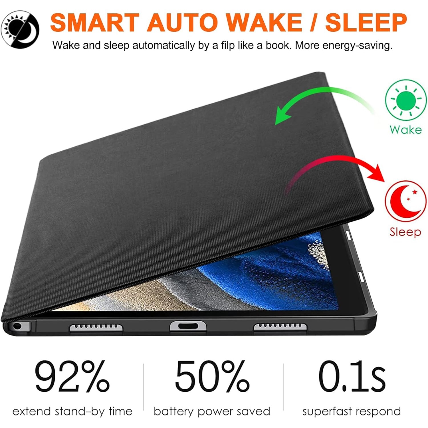 Husa TOKILO pentru Samsung Galaxy Tab A8 10, 5 Inch (2022), Neagra, Poliuretan Premium, Functie Auto Wake/Sleep, Suport Ajustabil, UDOF