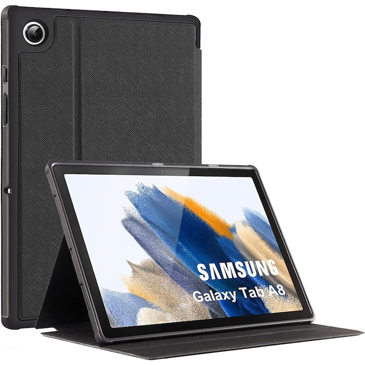Husa TOKILO pentru Samsung Galaxy Tab A8 10, 5 Inch (2022), Neagra, Poliuretan Premium, Functie Auto Wake/Sleep, Suport Ajustabil, UDOF