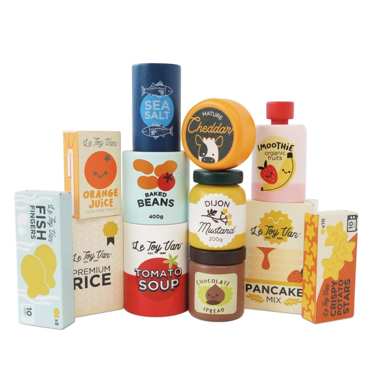 Set 12 articole alimentare din lemn, Le Toy Van, culori atractive, 3,5x3,5x6cm