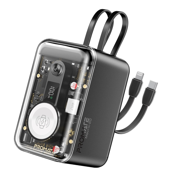 Külső akkumulátor ProMate, Mavrix-20, 20000mAh, Transparent, USB-C és Lightning kábel, 18W USB-A, 65WPD USB-C, LED kijelző, fekete