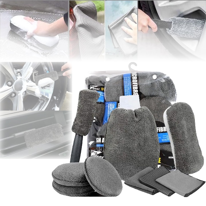 Kit pentru Curatare si Detailing Auto, interior/exterior, pamatuf, manusa, burete dublu, 3 lavete, 3 piese pentru lustruire, microfibra, gri