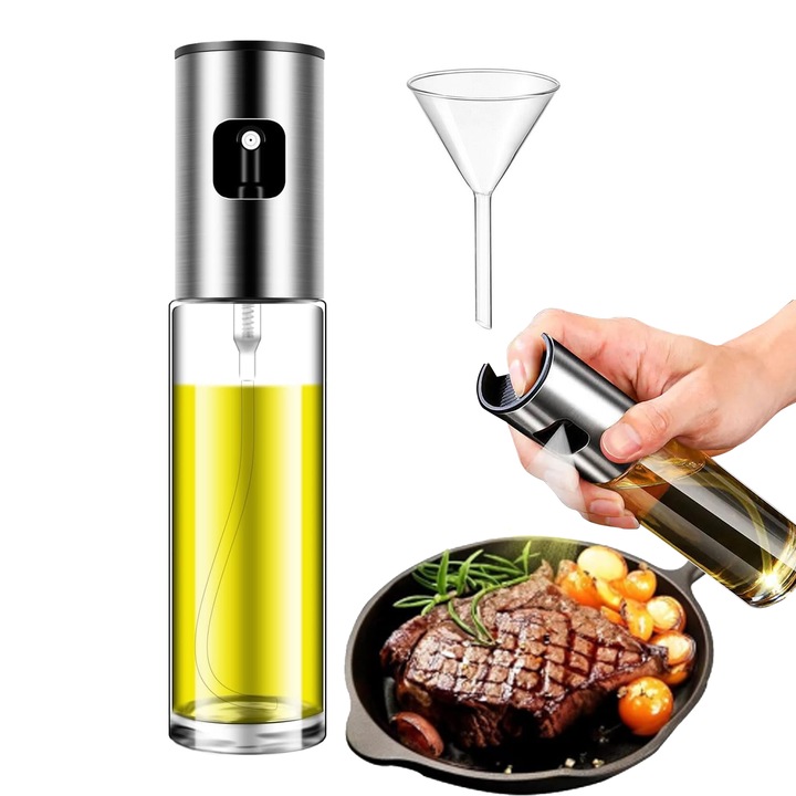 Бутилка със спрей за олио с фуния, многофункционална пулверизатор за олио за готвене, неръждаема стомана, прозрачен контейнер, лесен за презареждане, оптимална дозировка, лесен за почистване, 100 ml, за масла/сосове/оцет