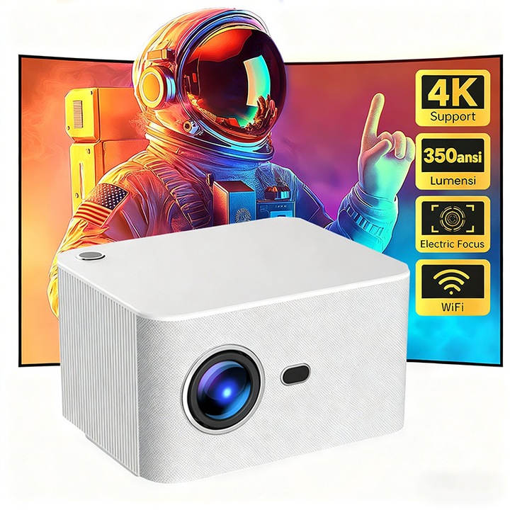 Videoproiector LED portabil, Videoproiector Android ，Fudisenn®, 350 ANSI lumeni, 1080p Full HD, alb, suport 4K, Android 9.0, WiFi, Bluetooth 5.0, certificat Netflix si YouTube, 200 inci