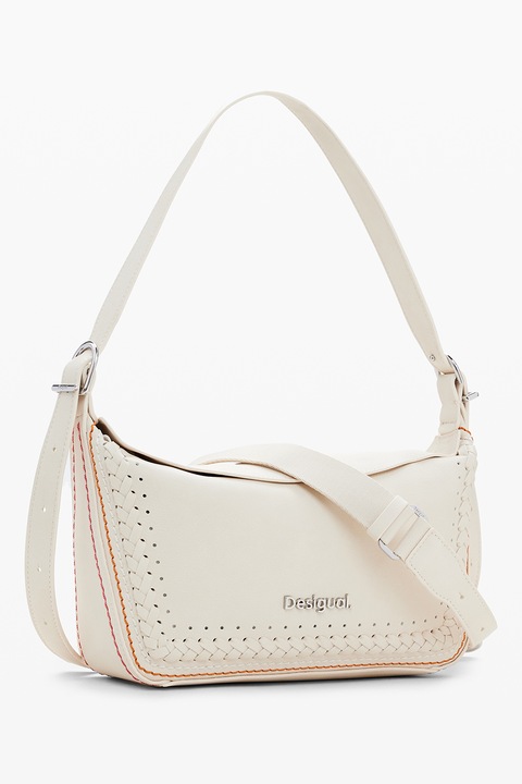 DESIGUAL, Geanta din piele ecologica cu bareta de umar si logo, Alb fildes