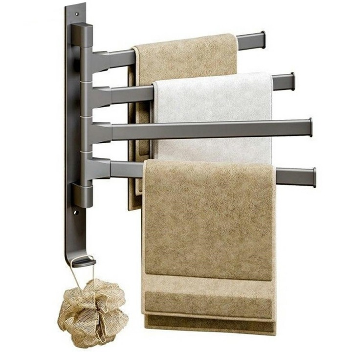 VarioShop® törülközőtartó, 4 karú, vízálló, rozsdaálló, ragasztó/fúrás, rozsdamentes acél, 30 cm-es, szürke