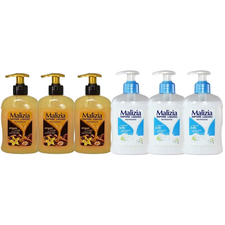 Комплект 6 броя Malizia Variety, 3 броя течен сапун 300 ml арган и ванилия, 3 броя течен сапун 300 ml лате, свеж през целия ден, приятен парфюм, предотвратява раздразненията, интензивен свеж аромат, против бели петна, 48 часа защита