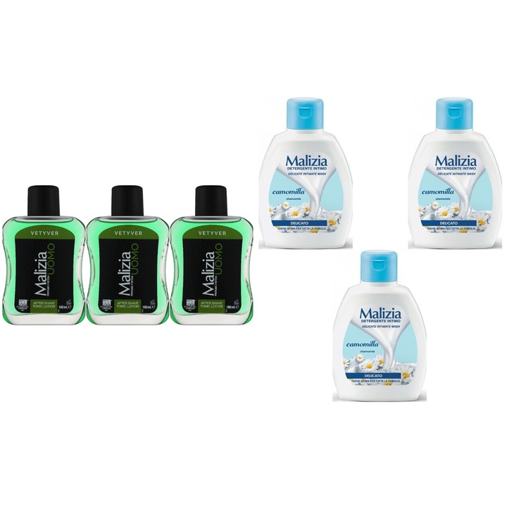 Комплект 6 x Malizia Variety, 3 x афтършейв 100 ml Vetyver, 3 x интимен течен сапун 200 ml лайка, цял ден свеж, приятен парфюм, предотвратява раздразнения, интензивен свеж аромат, против бели петна, ободряващ, дълготрайна свежест, 48 часа защита