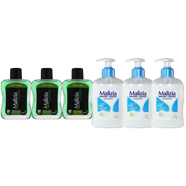 Комплект 6 x Malizia Variety, 3 x After Shave 100 ml Vetyver, 3 x Течен сапун 300 ml Latte, свеж през целия ден, приятен парфюм, предотвратява раздразнения, интензивен свеж аромат, против бели петна, ободряващ, дълготрайна свежест, 48 часа защита