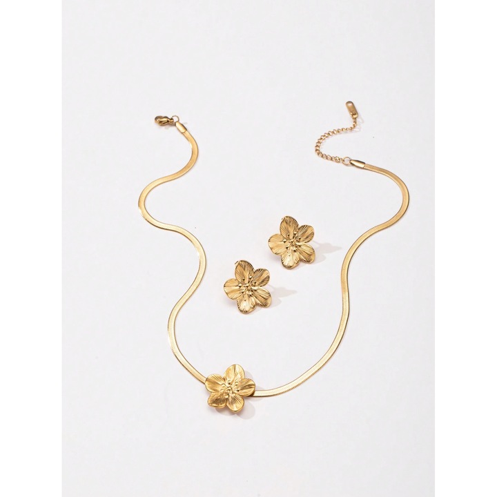 Set lant si cercei in forma de floare, Auriu