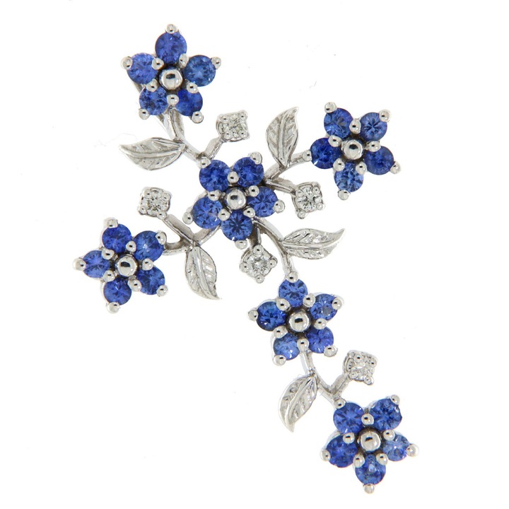 Pandantiv din aur alb 750 (18K) cu safire de Ceylon 1.32 ct si diamante naturale 0.12 ct (G), 35 x 25 mm, 5.23 g