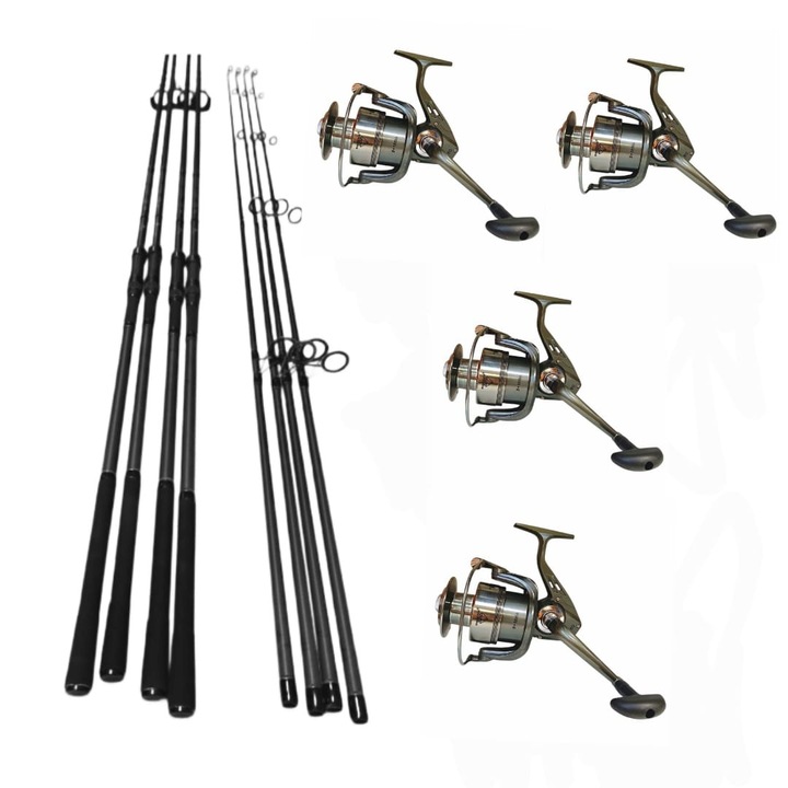 Set 4 Lansete Carbon 3,90m, 2 Segm+ 4 Mulinete Crap Tambur 8000