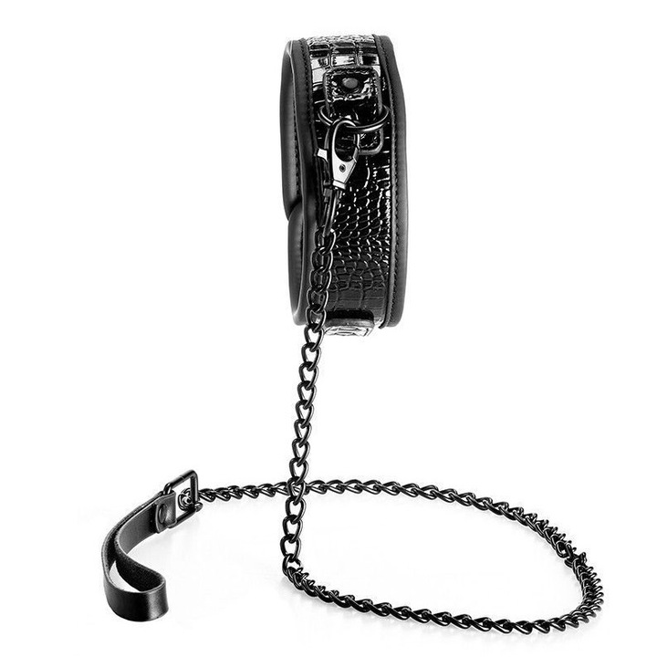 Zgarda cu lesa si lant, Erotica, Bondage, piele ecologica, neagra, 62 cm