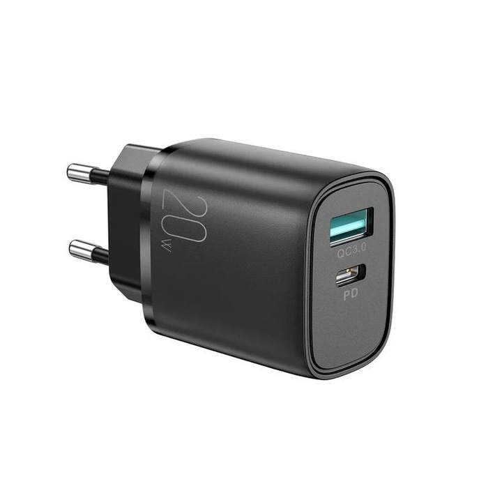 Hálózati töltő 20W, Kettős töltés, USB + Type-C, Joyroom L-QP2011, Fekete