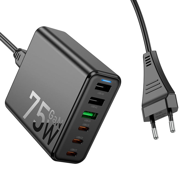 Adaptor Retea Multiport, Hoco C133A Earl, 3 x USB + 3 x Type-C, Statie incarcare 75W, Cablu 1.5m, Negru