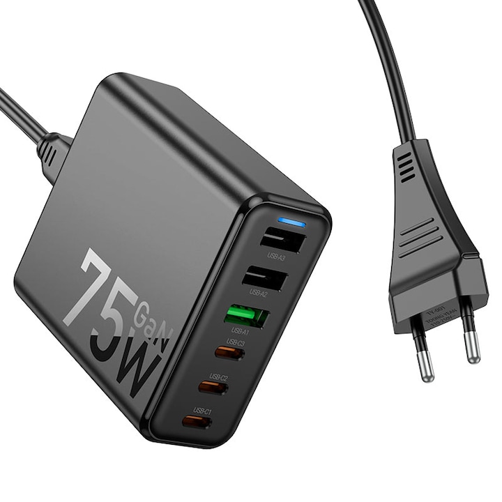Adaptor Retea Multiport, Hoco C133A Earl, 3 x USB + 3 x Type-C, Statie incarcare 75W, Cablu 1.5m, Negru