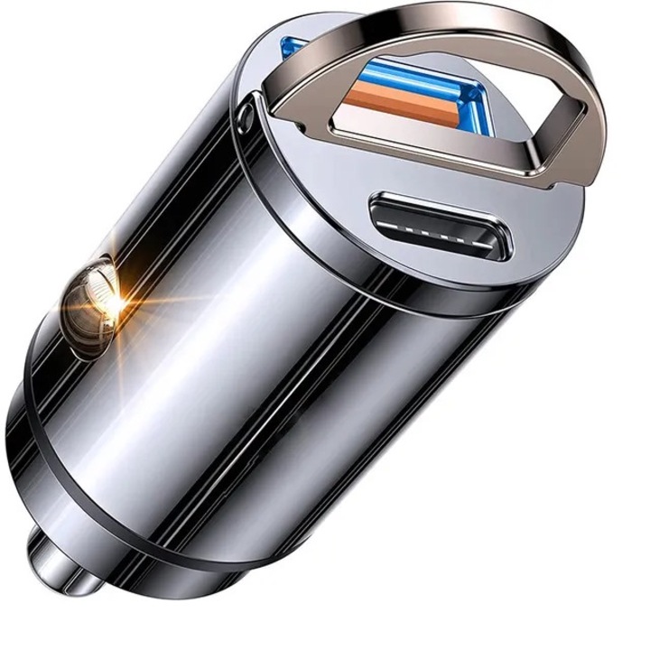 Vékony szivargyújtó autós töltő, 100 W, C típusú és USB, gyorstöltés, kettős chip, fém