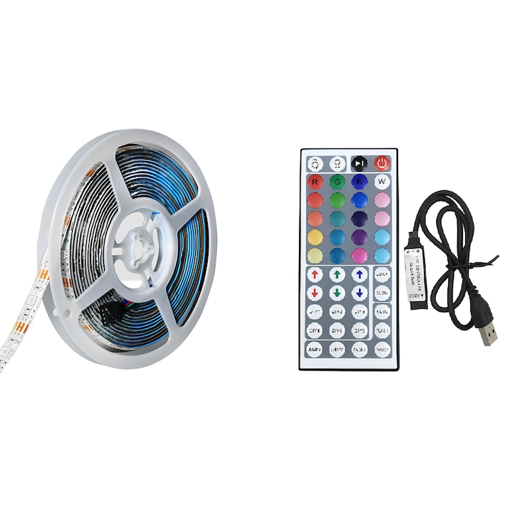 Комплект LED лента 20M, Лепило, Дистанционно управление 44 бутона, RGB, USB захранване