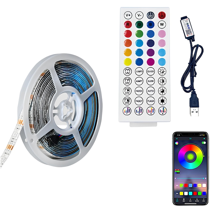 20M LED szalagkészlet, ragasztó, 44 gombos távirányító, mobil alkalmazás, RGB, USB tápegység