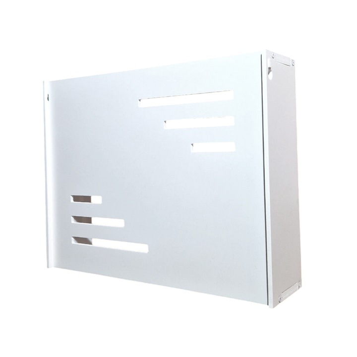 Vezeték nélküli router tartópolc 60x40x10 cm, teljes előlappal, vezetékek és Wi-Fi berendezések maszkolásához, falra szerelhető, 3 soros, Optimus AT Home, Fehér