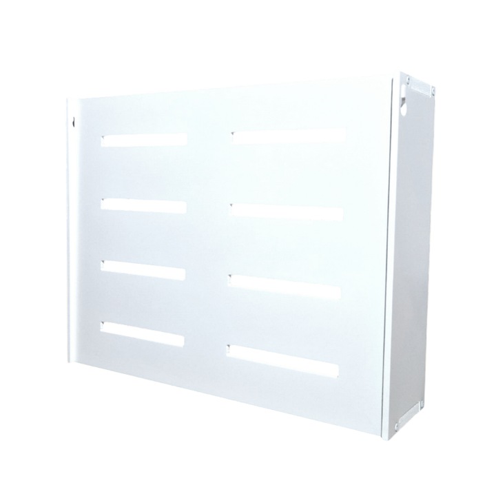 Raft Suport Router Wireless 60x40x10 cm, cu panou frontal plin, pentru mascare fire si echipament Wi-Fi, cu posibilitate montare pe perete, linii verticale, Optimus AT Home, Alb