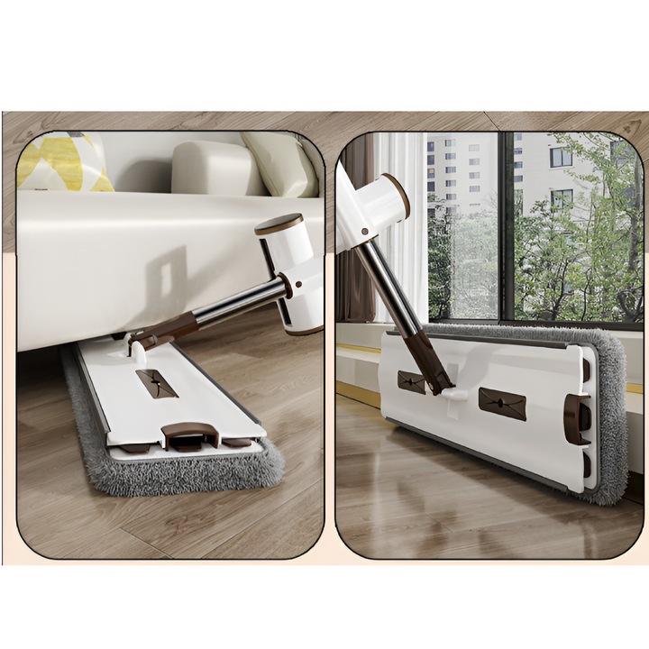 Set mop plat cu storcator atasat, galeata cu roti pliabila, lavete din microfibra, Herum, Alb/Gri, 8 litri, 4 lavete incluse