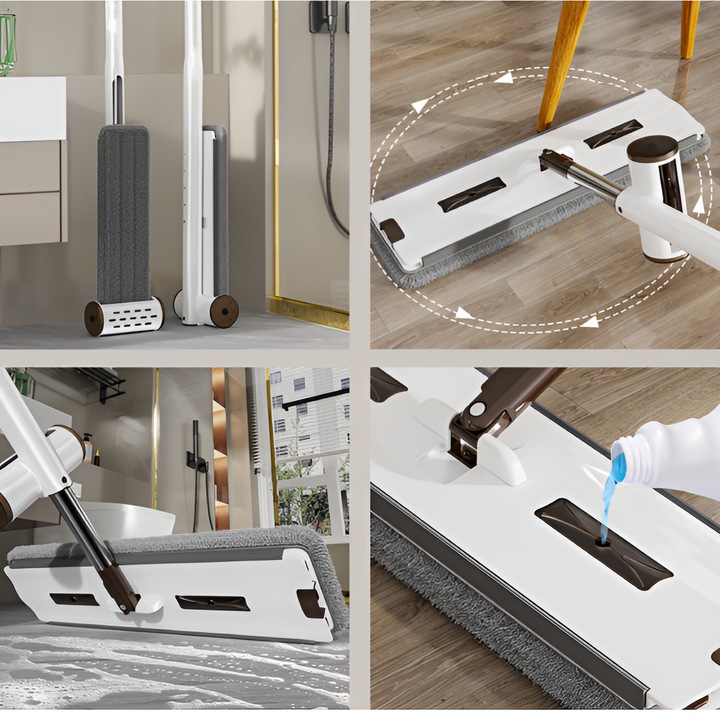 Set mop plat cu storcator atasat, galeata cu roti pliabila, lavete din microfibra, Herum, Alb/Gri, 8 litri, 4 lavete incluse