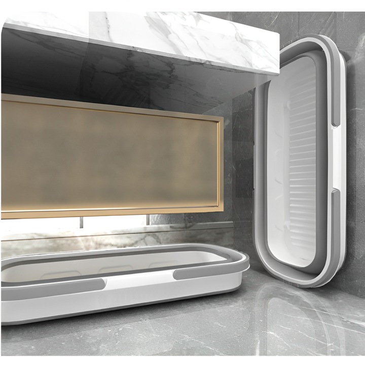 Set mop plat cu storcator atasat, galeata cu roti pliabila, lavete din microfibra, Herum, Alb/Gri, 8 litri, 4 lavete incluse