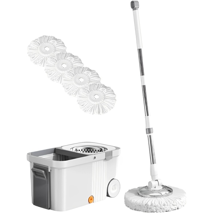 Комплект въртящи се мопове с кофа на колела Herum, центробежна сокоизстисквачка, микрофибърни кърпи, Бяло/Сиво, 10 литра, включени 4 кърпи