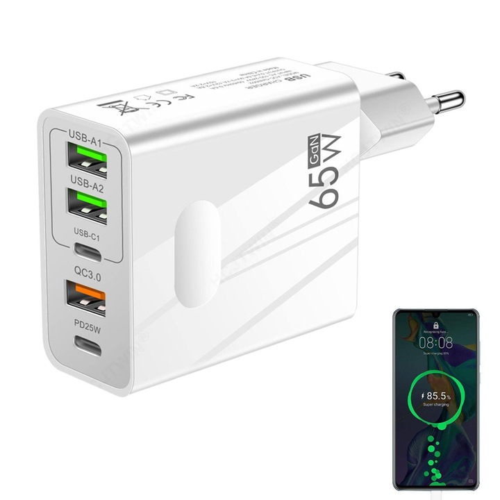 Hálózati töltő 65W, 5 USB port, Fehér, telefonokhoz és tabletekhez