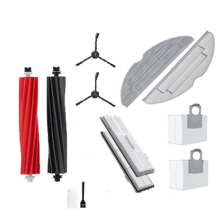 Set accesorii pentru Robot de Aspirare Roborock, S8 Plus, S8P52-00, S8 Ultra Pro, S852-00, 2 x perie centrala, 2 x perie laterala neagra cu 3 brate, 2 x filtru Hepa, 2 x mop, 2 x sac colector praf