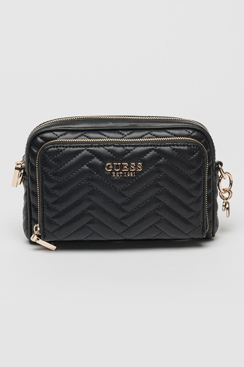 GUESS, Капитонирана чанта за рамо от еко кожа, Черен