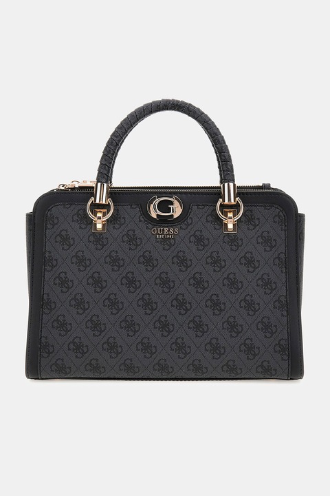 GUESS, Geanta din piele ecologica cu bareta de umar si model logo Nolana, Negru, Gri carbune