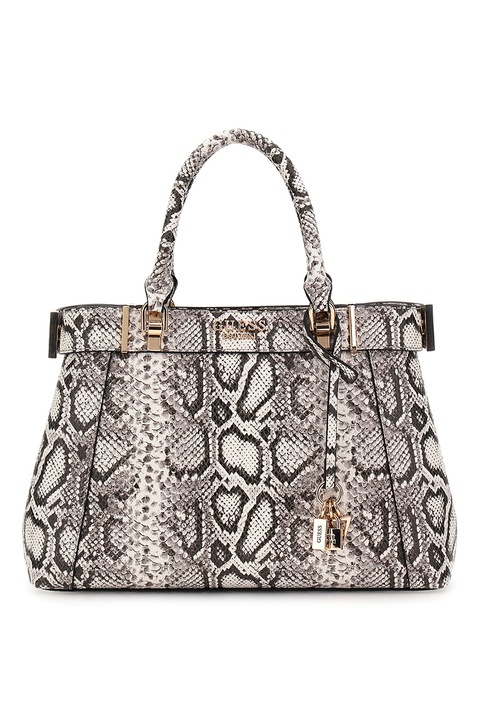 GUESS, Шопинг чанта Anadela от еко кожа с животински принт, Мръснобял, Tъмносив