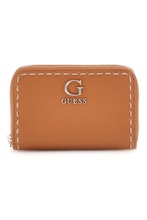 GUESS, Portofel cu fermoar si cusaturi decorative Nastra, Maro scortisoara