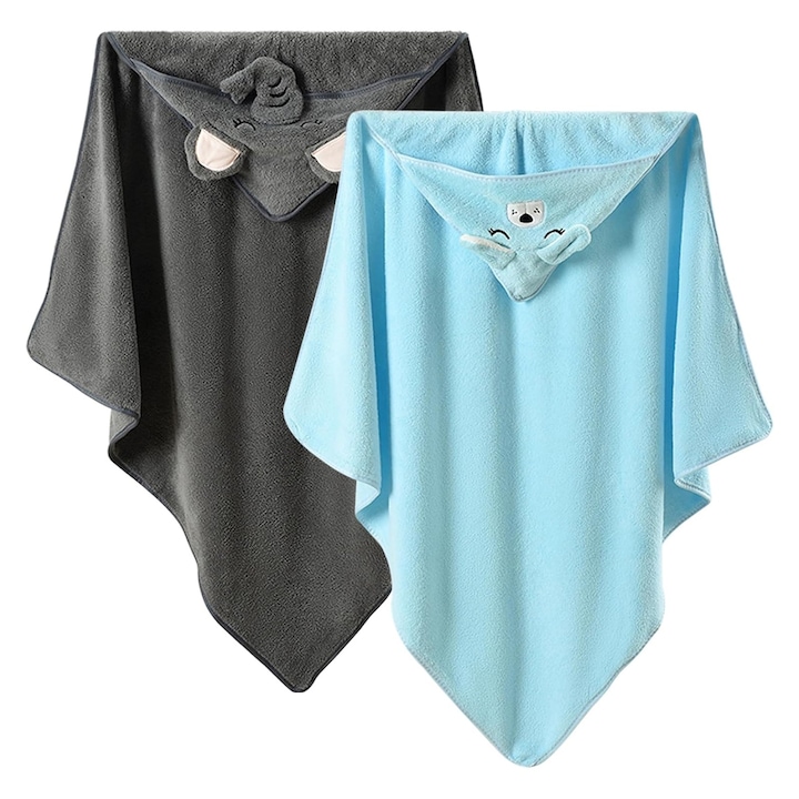 Set 2 Prosoape Baie Bebelusi, Prosop de Baie cu Gluga pentru Bebelusi, Axroad Mall, Super Absorbant, Moale si Pufos, Stil poncho, Extra gros si cald, Potrivit pentru copii de 80x80cm, Model Dragut caine si elefant, Lana de corali, Albastru/Gri
