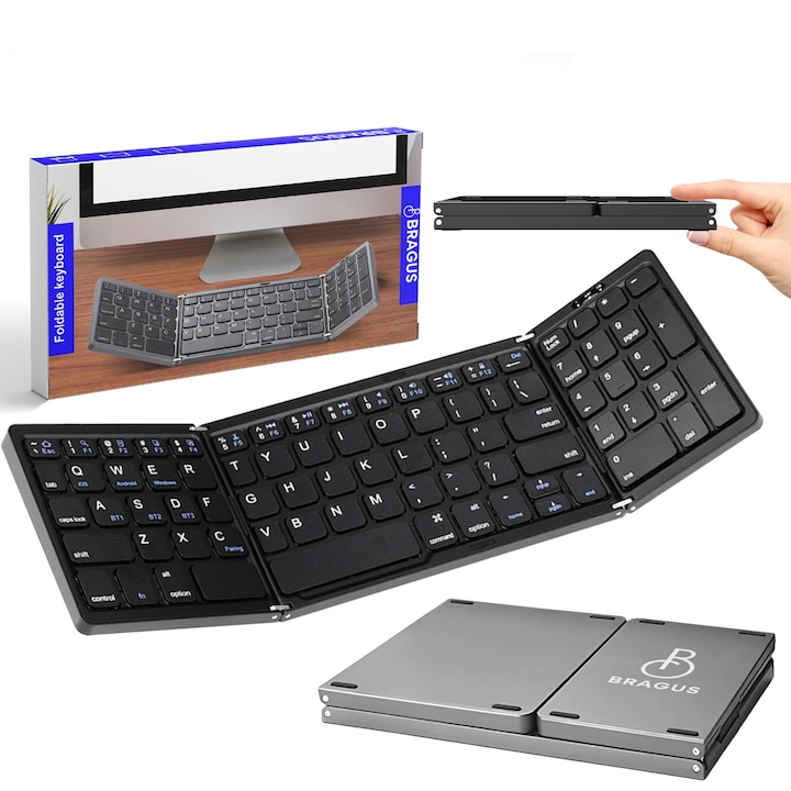 Клавиатура Bragus, Bluetooth 5.0, Тънка, Сгъваема, USB зареждане, 100 часа автономност, Преносима, Свързване с до 3 устройства, Съвместима с Android, iOS, Smart TV, Num pad, 200 гр., Черен