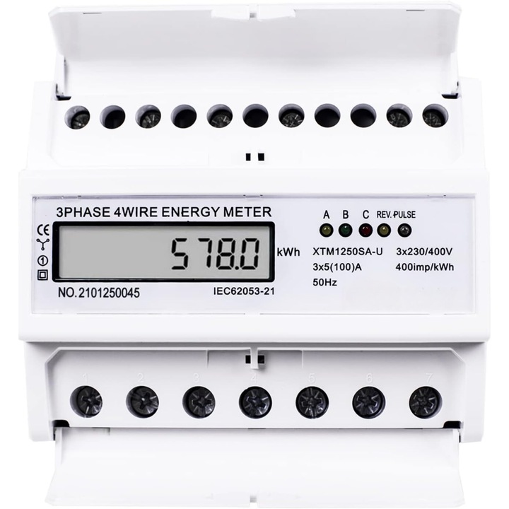 Contor trifazic de energie cu afisaj LCD, 100 A, 230V, 3 faze, alb
