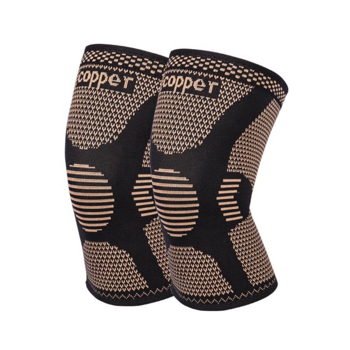 Set 2 Genunchiere compresive cu fir de cupru, marime L, Negru/Beige, unisex, Sport, Protejeaza Articulatia Genunchiului