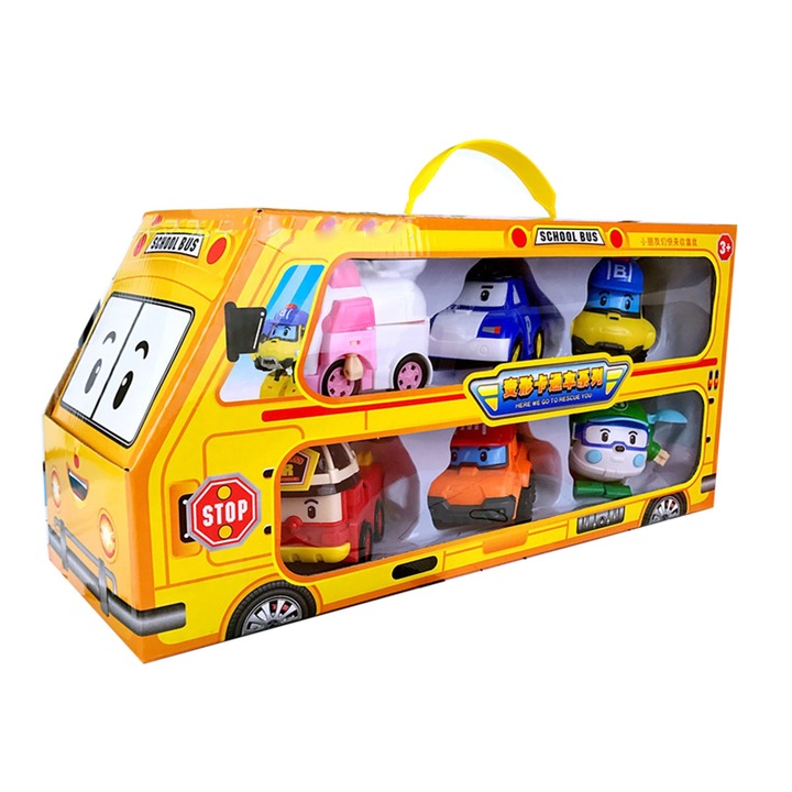 Комплект играчки Robocar Roy, 6 в 1, полицейска кола, пожарна кола, линейка, хеликоптер, ABS, 1.6 в 1