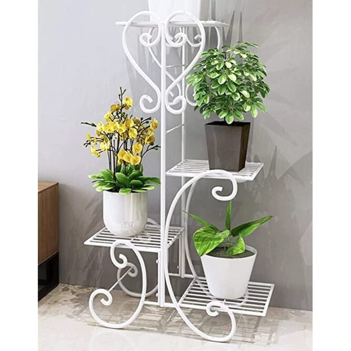 Fém virágállvány 4 polccal, Növényállvány, Cserép, fehér, 80x54x25 cm