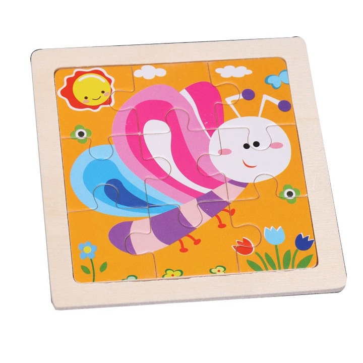 Комплект от 9 дървени пъзела, Longziming, Ранно образование, Безопасен, Животни, 36+ месеца