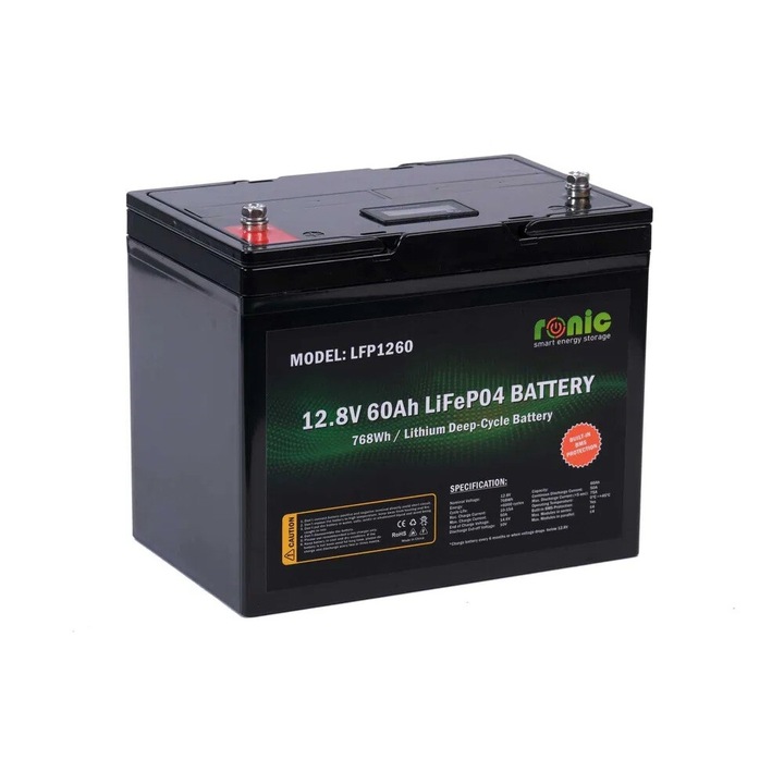 Baterie solara rulota litiu, 12V 60Ah - Garantie 5 ani, BMS 50A